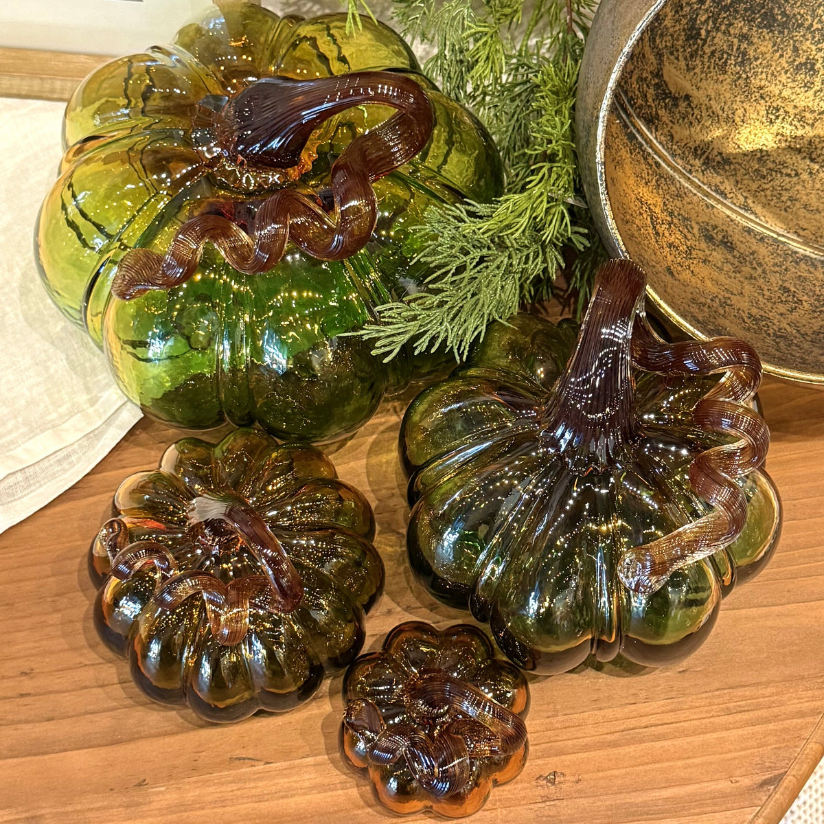Green & Amber Handblown Glass Pumpkin