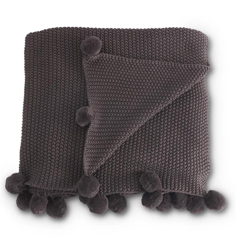 Gray Knit Throw with Pom Pom Trim