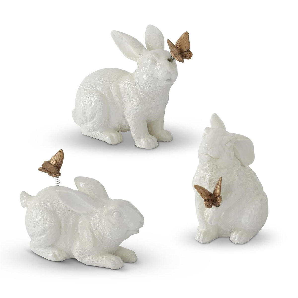 Glossy White Resin Garden Rabbit w/ Gold Butterfly
