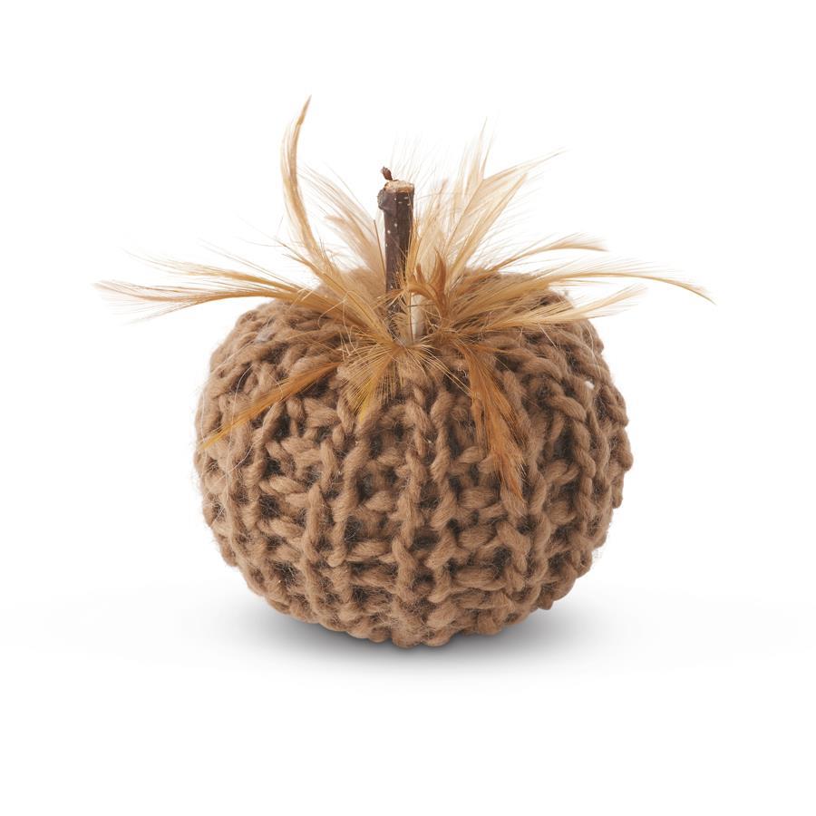 4 Inch Brown Crochet Pumpkin w/ Wood Stem and Feathers