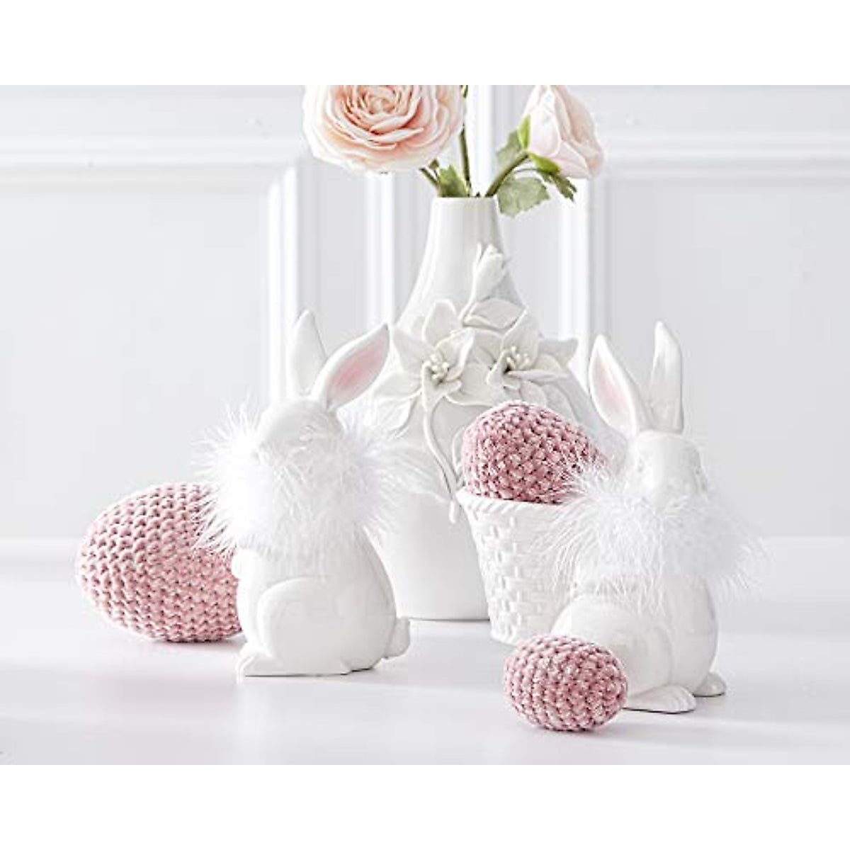Porcelain Feathered Bunny w/ Basket | White