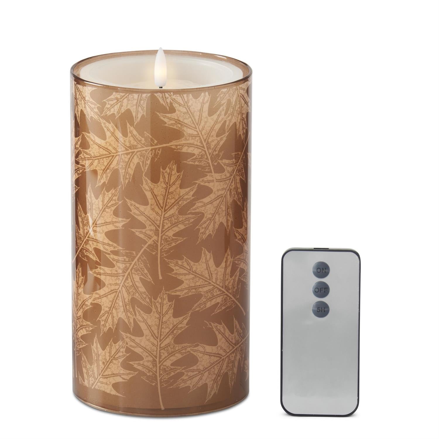 Brown Leaves Glass Slipcover and LED Candle with Remote