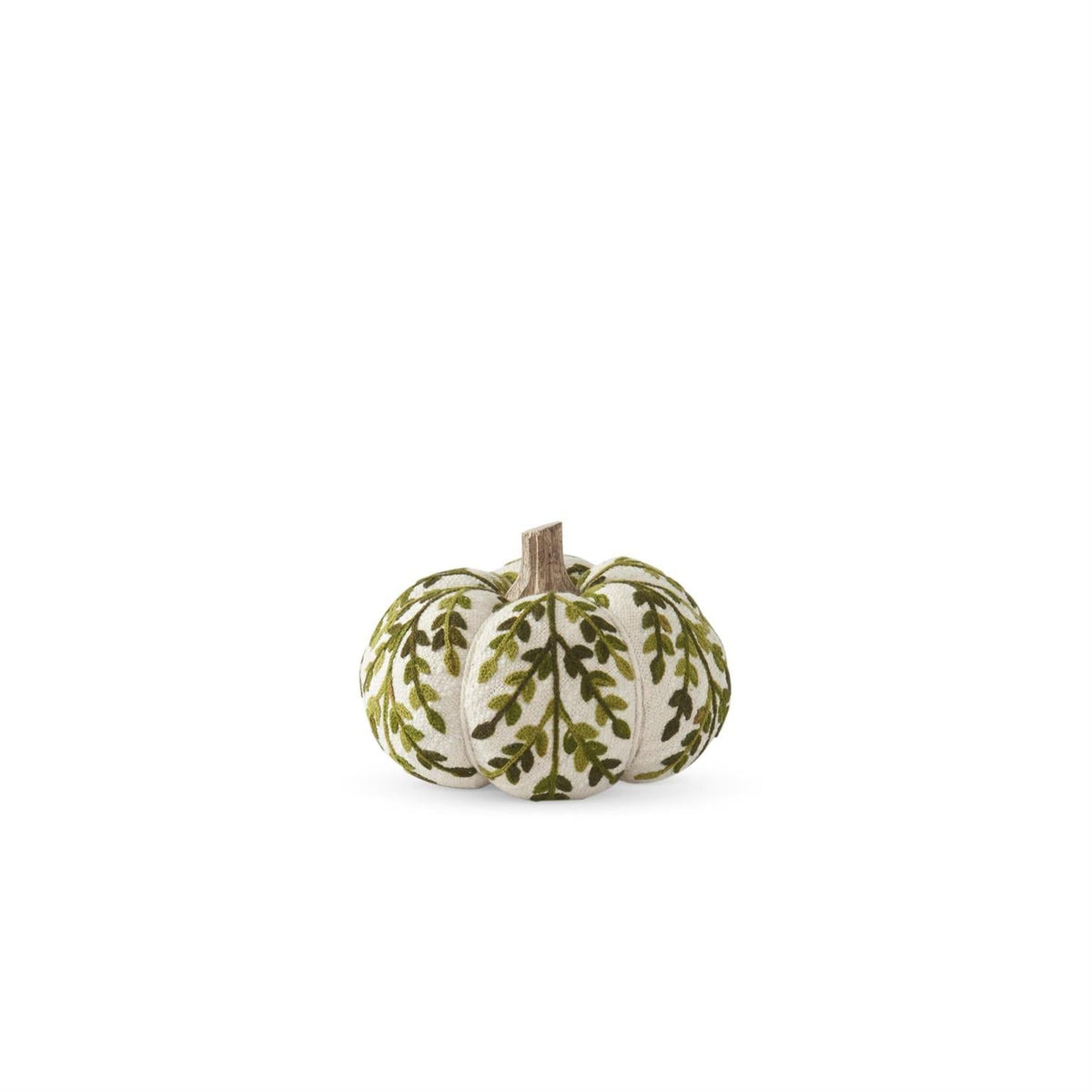 Green Foliage Knit Pumpkin with Wood Stem
