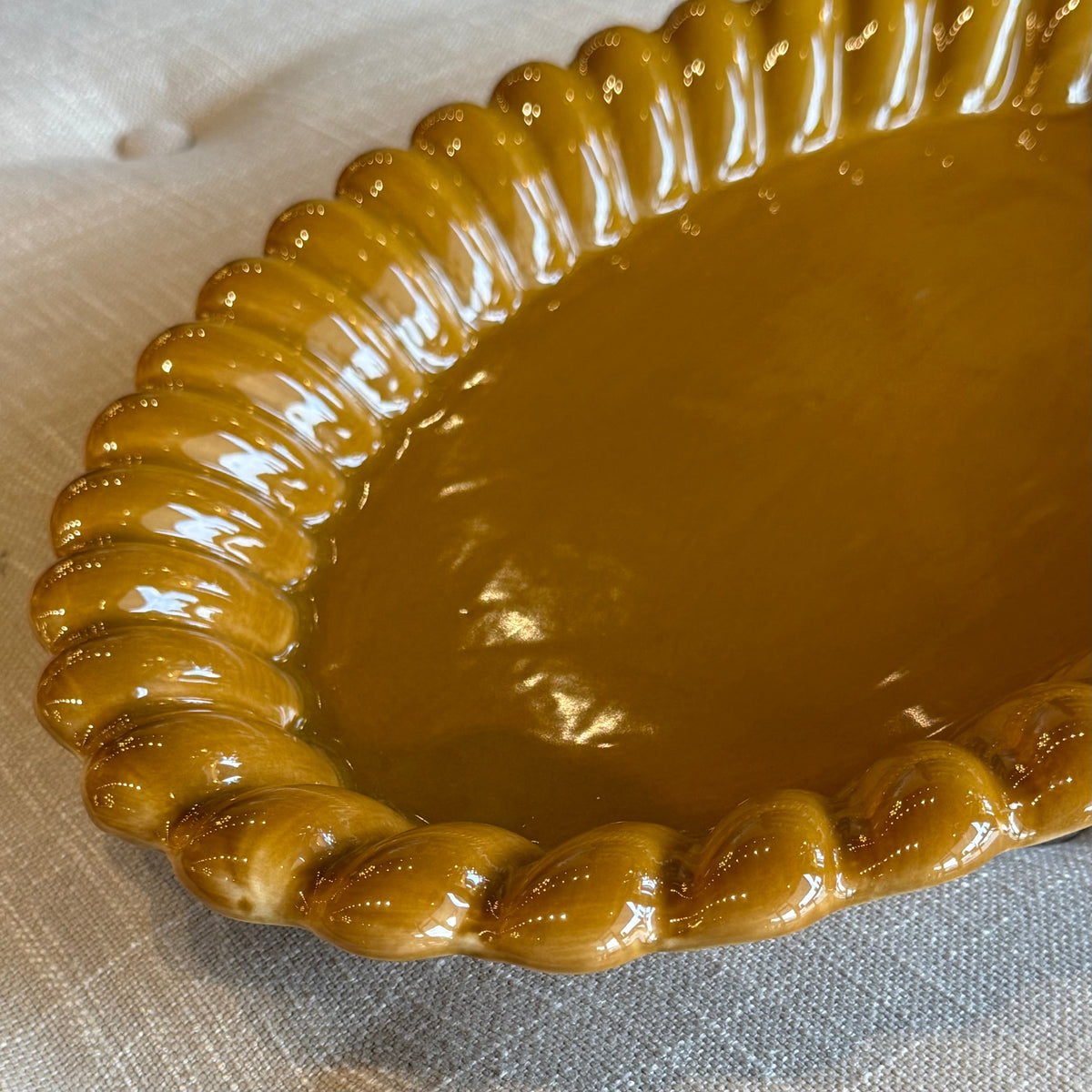 Mustard Brown Stoneware Scalloped Platter