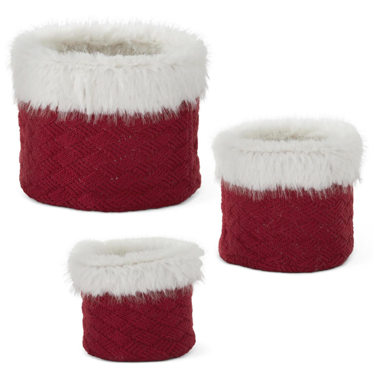 Fur Trimmed Red Knit Nesting Basket with liner
