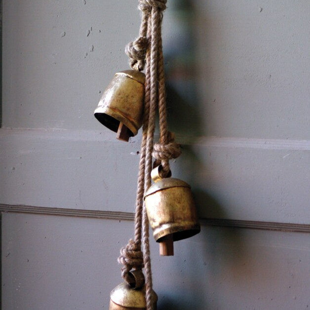 Four Rustic Iron Hanging Bells with Rope