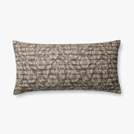 Brown Floral Lumbar Pillow w/ Stitched Detail by Loloi