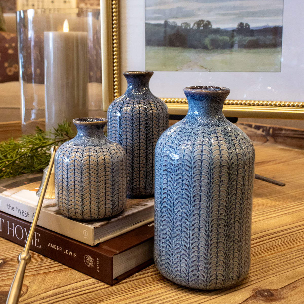 Embossed Stoneware Vases with Blue Glaze