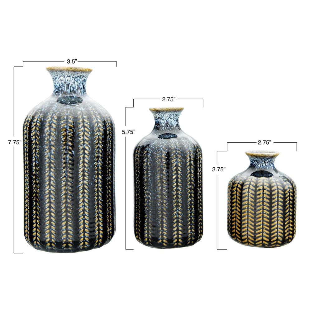 Embossed Stoneware Vases with Blue Glaze