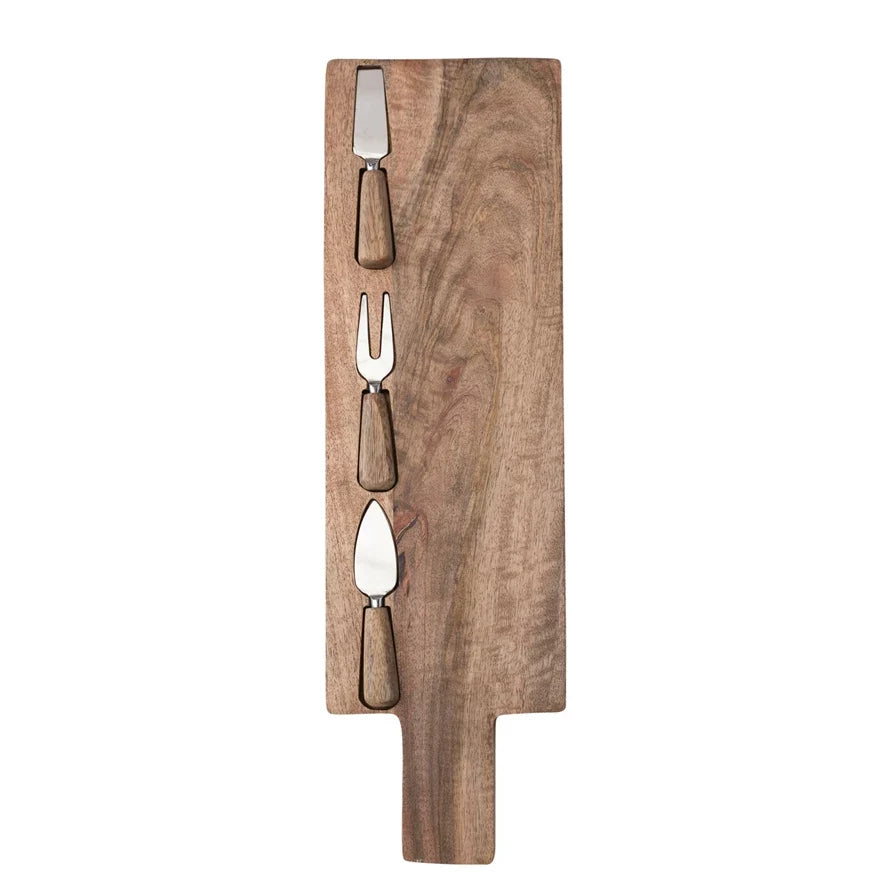 Mango Wood Cheese Cutting Board w/ Handle & Cheese Utensils