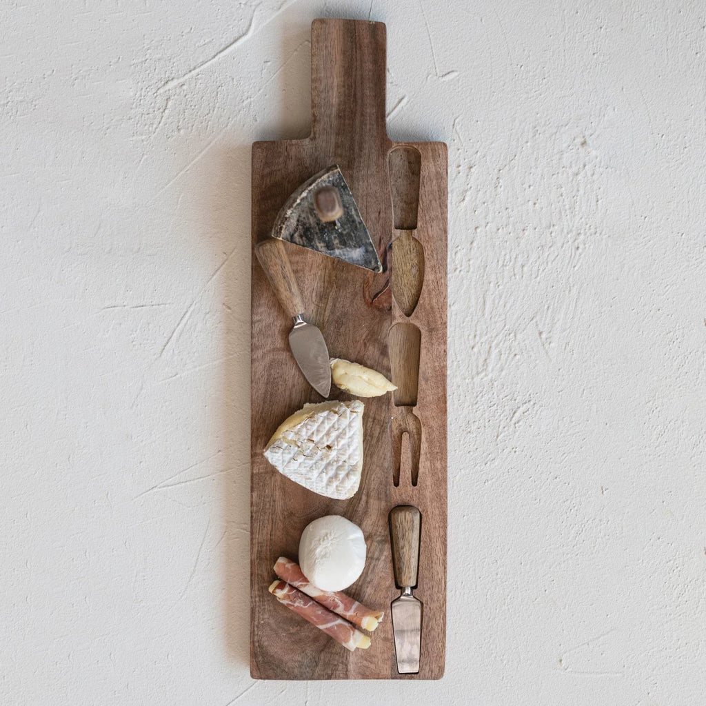 Mango Wood Cheese Cutting Board w/ Handle & Cheese Utensils