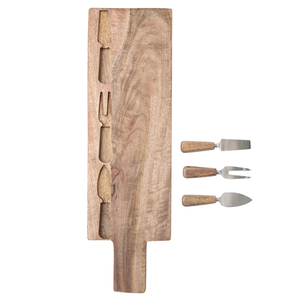 Mango Wood Cheese Cutting Board w/ Handle & Cheese Utensils