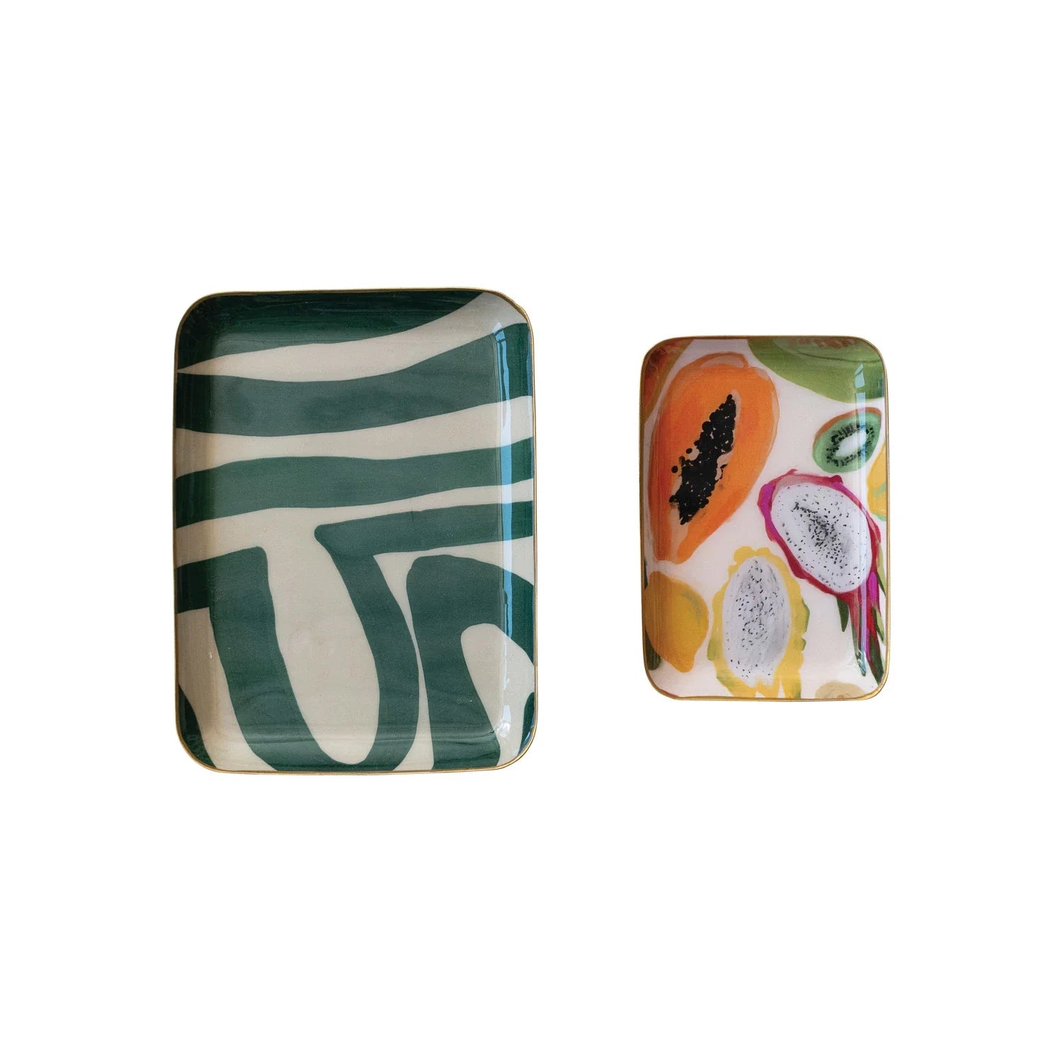 Abstract Print Enameled Metal Trays with Gold Rim