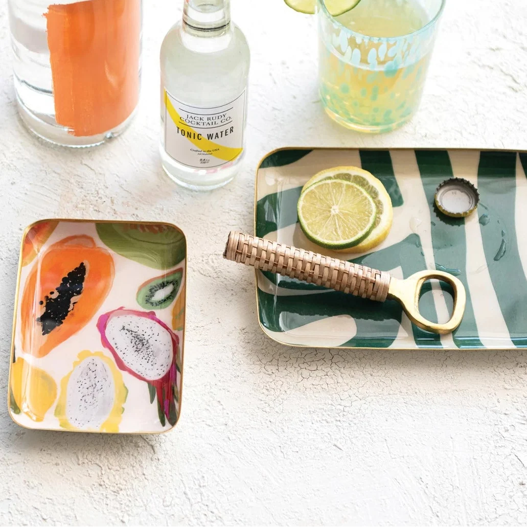 Abstract Print Enameled Metal Trays with Gold Rim