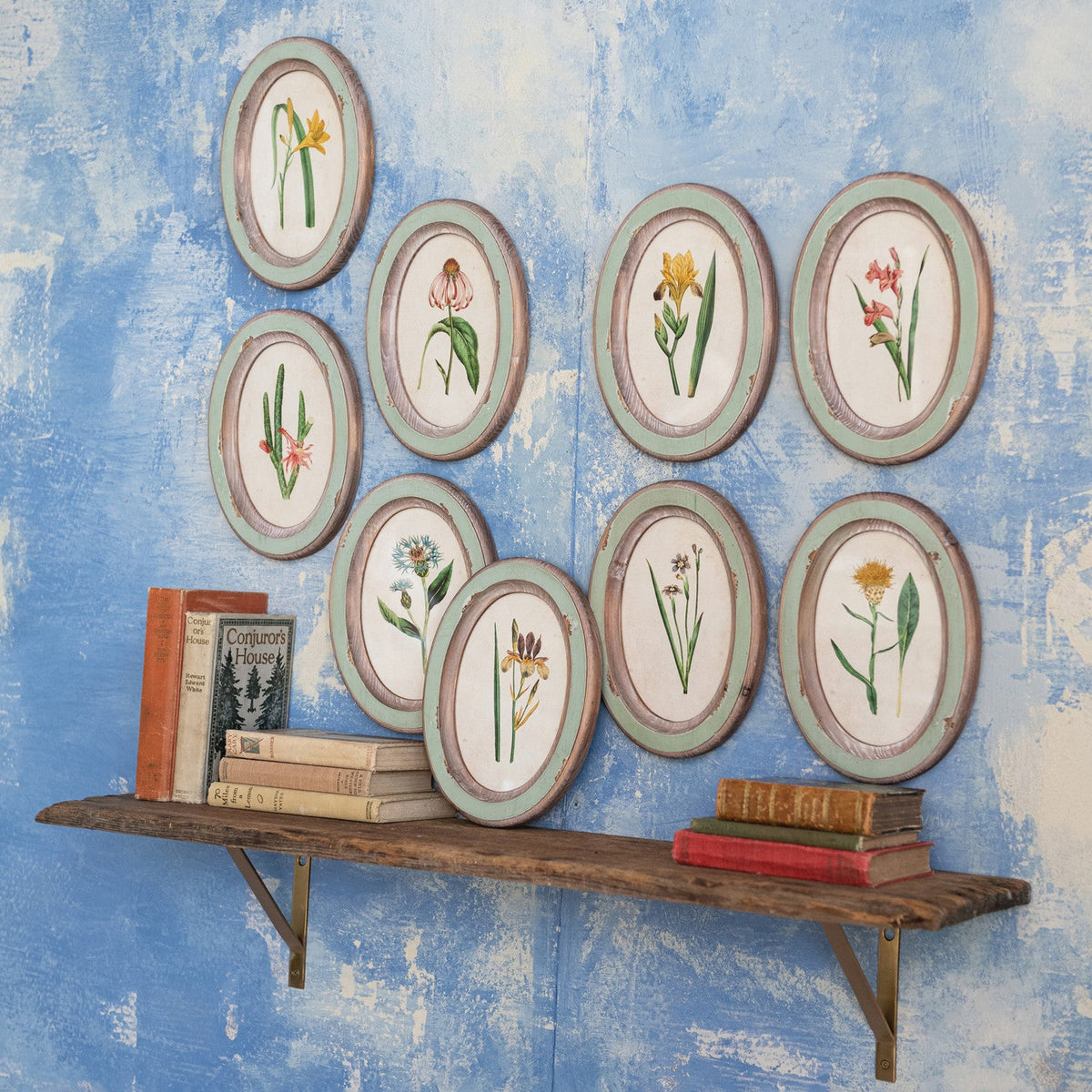 Framed Glass Wall Decor with Flower Design | Distressed Wood