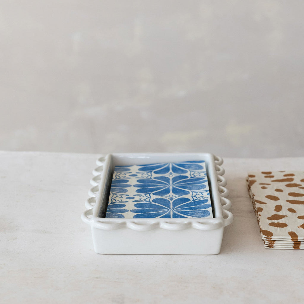 Decorative Scalloped Stoneware Napkin Holder | White