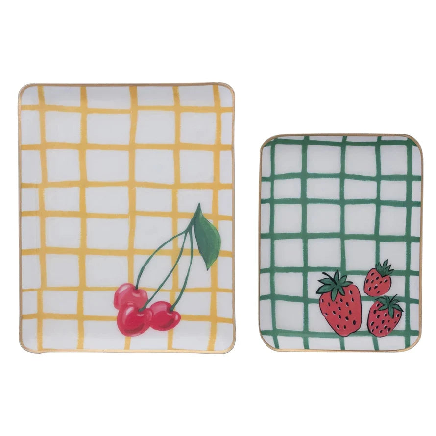 Fruit Print Enameled Metal Trays with Gold Edges