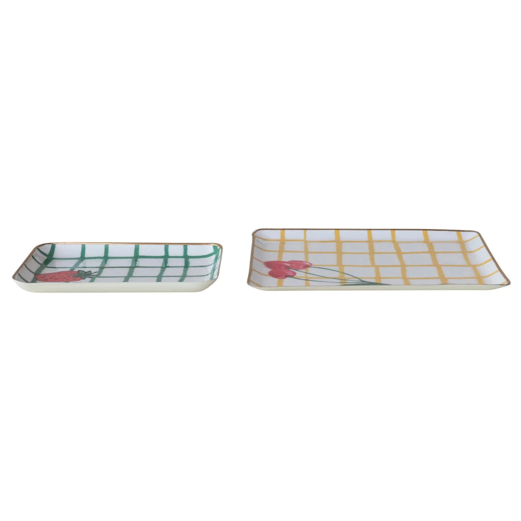 Fruit Print Enameled Metal Trays with Gold Edges