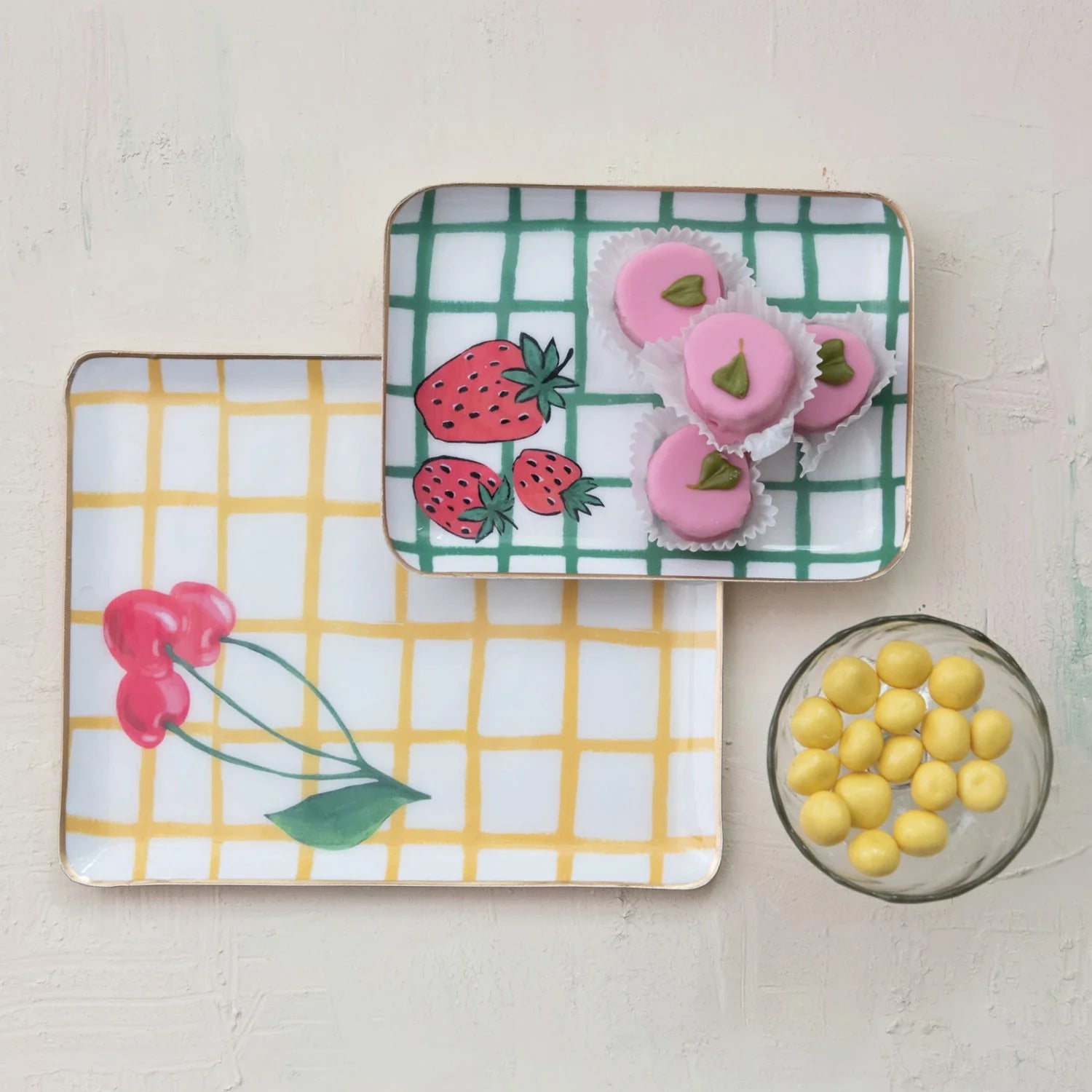 Fruit Print Enameled Metal Trays with Gold Edges