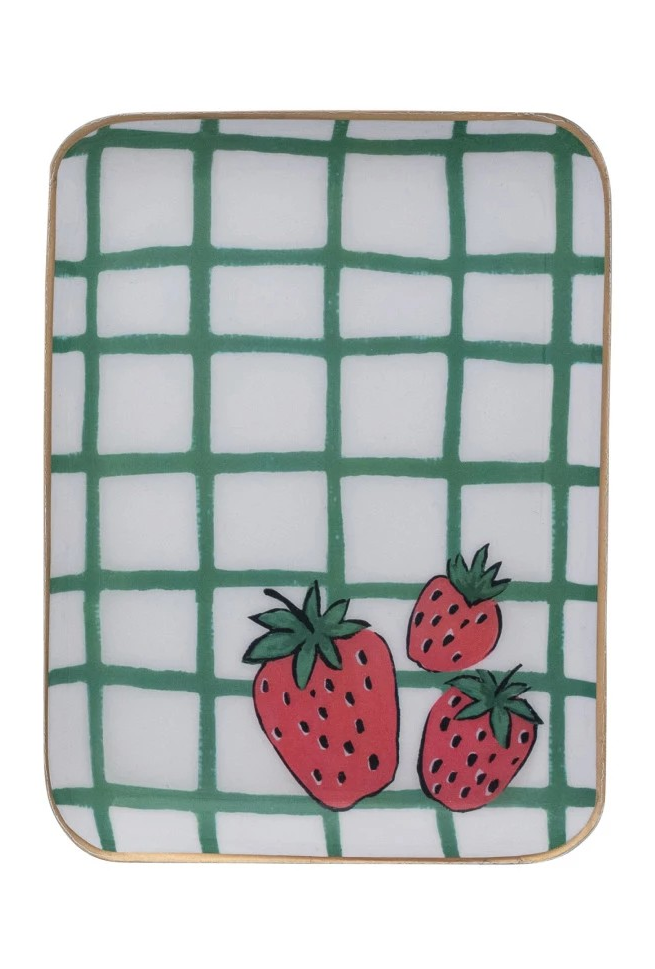 Fruit Print Enameled Metal Trays with Gold Edges