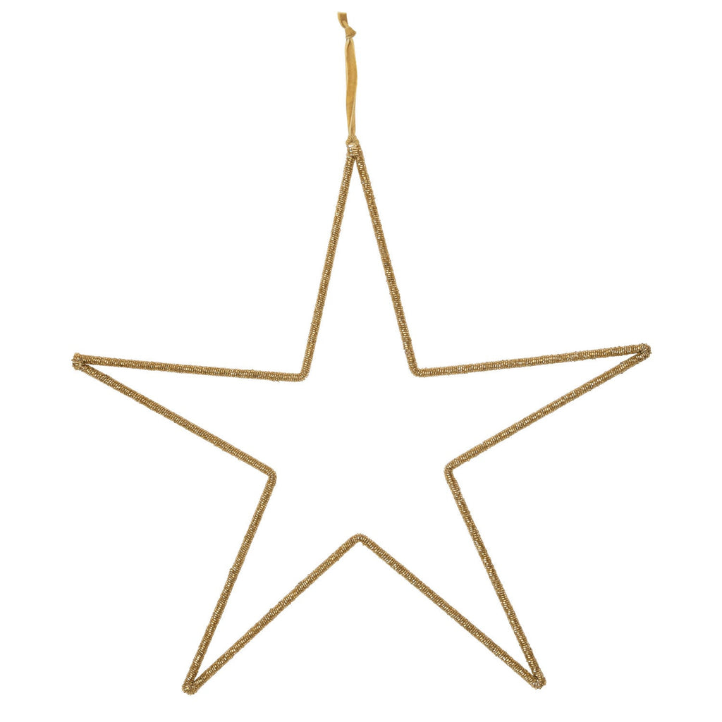 Gold Hanging Metal & Glass Bead Star w/ Cotton Velvet Ribbon