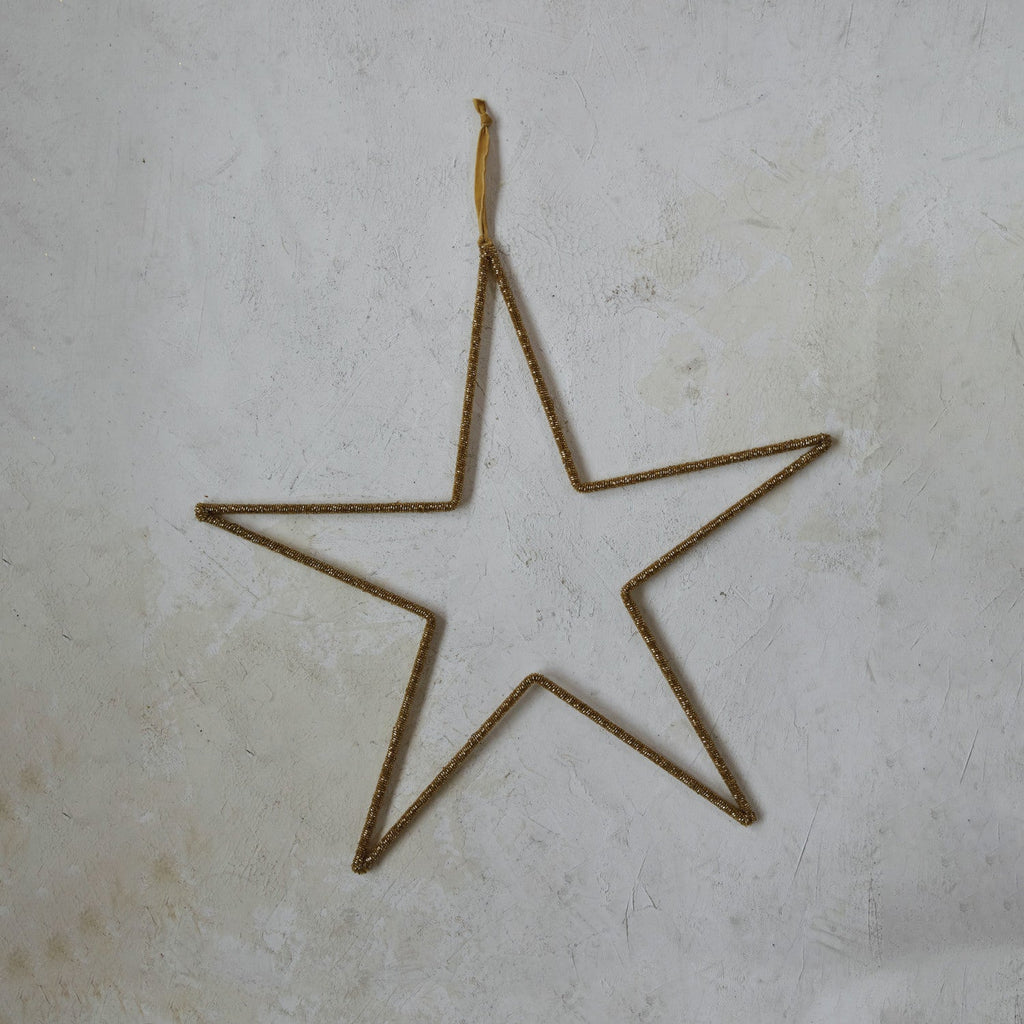 Gold Hanging Metal & Glass Bead Star w/ Cotton Velvet Ribbon