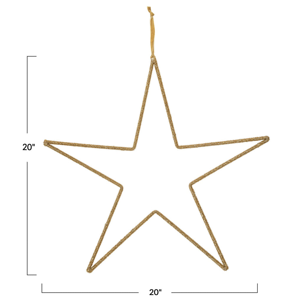 Gold Hanging Metal & Glass Bead Star w/ Cotton Velvet Ribbon