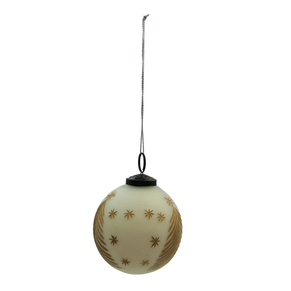 Hand-Painted Ivory Glass Ornament with Gold Etched Trees & Stars