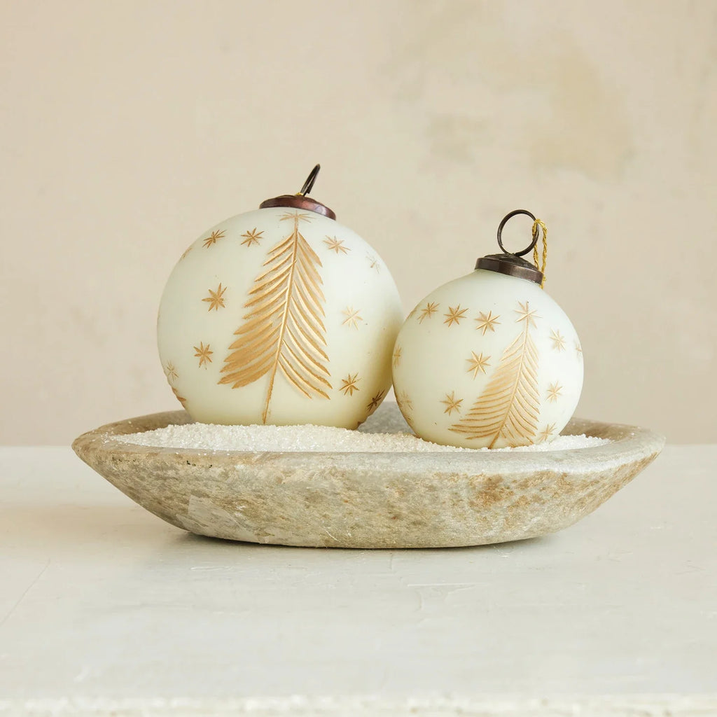 Hand-Painted Ivory Glass Ornament with Gold Etched Trees & Stars